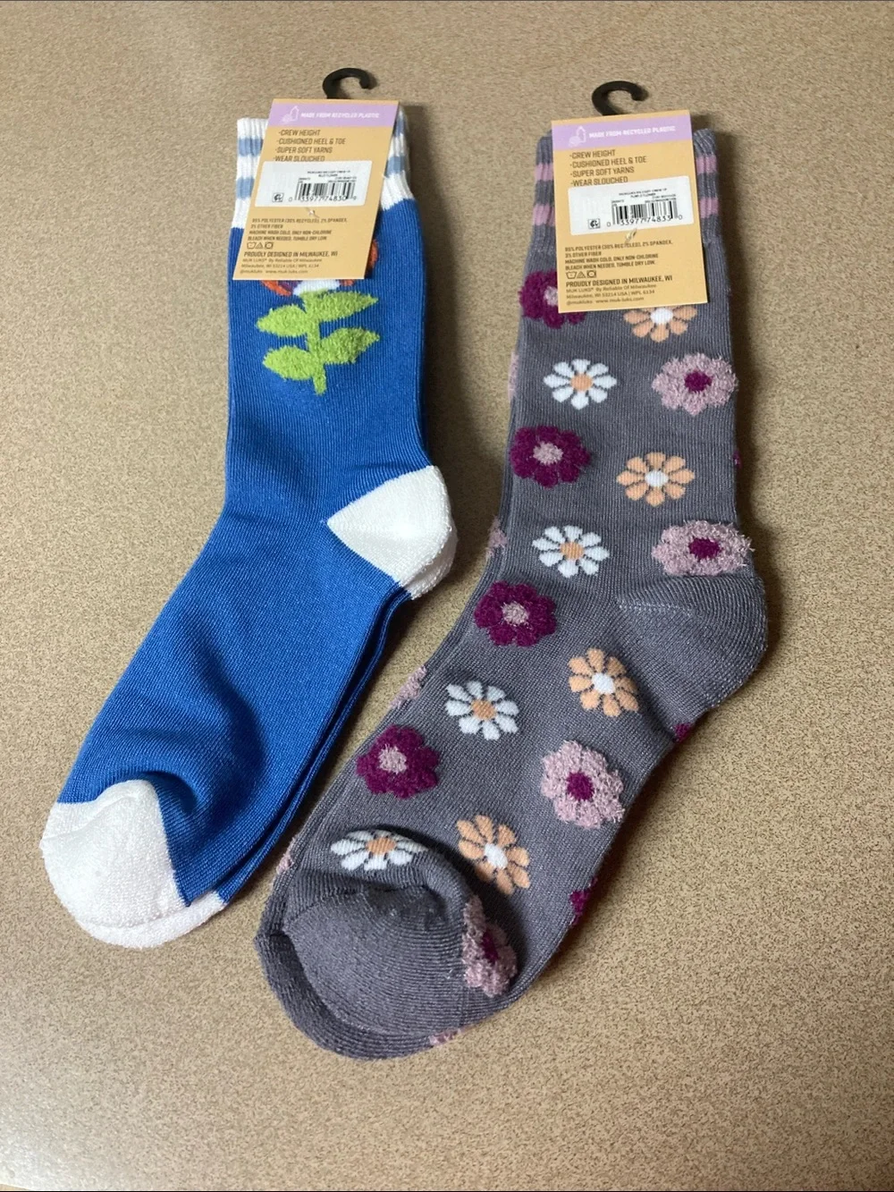 Muk Luks ladies Gray Floral & Blue Floral Crew Socks